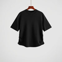 Knit Top for Women with Mock Neck and Ruched Detail, Short Sleeve Sweater in Viscose Blend for Spring Wear, Ribbed Texture Pullover Knitwear