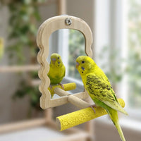 Bird Cage Mirror with Arch Shape and Wooden Perch, Wood Parrot Mirror for Cockatiels and Parakeets, Budgie Mirror for Budgie Cages and Canaries