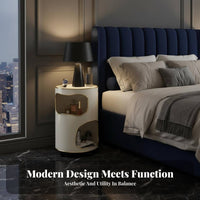 distinctive Tree-Hole Design Round Nightstand with Storage alcove Space-Saving Round Tiered Cabinet Modern aesthetic Bedside Table Minimalist Aesthetic for Apartment Dwellers, Homeowners, Students, Bedroom, Small Spaces, Dorm Room