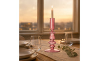 Turned Stem Blown Glass Candle Holder Cylindrical Top Glass Taper Candle Holder Wide Base