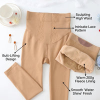 Fleece Lined Tights for Women with Thermal Insulation for Autumn Winter, Footless Compression with Control and Lace Detail, Cold Weather Wear