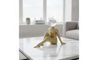 Abstract Figurine with Glass Head Sculptural Seated Figurine Ribbed Statue for TV Cabinet