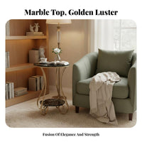 Nordic Aesthetic Round Tiered End Table Marble Pattern Top Tiered Circular Stand Light Luxury Design Household Furniture Single or Double Tier for Homeowners, Apartment Dwellers, Decor Enthusiasts, Living Room, Bedroom, Balcony, Small Areas
