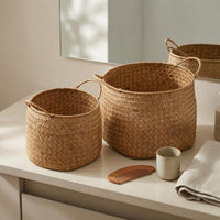 Handwoven Rattan Basket Finish Home Organizer Look for Desktop, Display
