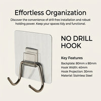 Waterproof Stainless Steel Hook Rack for Kitchen and Bathroom, Wall Mounted No Drill for Students