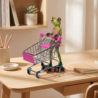 Frog Figurine with Shopping Cart Charming Miniature Shopping Cart Figurine Statue for Desk