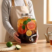 Glass Water Dispenser with Metal Stand, Juice Beverage and Drink Container with Handle and Screw Lid, Party Beverage Dispenser for Home Bar Use