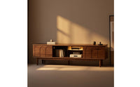 Solid Wood TV Cabinet with Glass Doors Black Walnut TV Stand with LED Light Lighted Media Console Mid-Century for Living Room