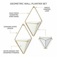Plant Pots for Indoor Plants and Flower Pots, Geometric Metal and Ceramic Wall Planter Set of 2, Handmade Air Plant Holder, European Style