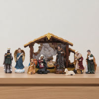 Christmas Nativity Scene Set Holiday Tabletop Nativity Hand-Painted Stable with Figurines Rustic for Collectors, Mantel, Bookshelf
