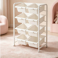 Toy Storage Rack with Bins Child 4-Tier Toy Organizer with Casters Portable Rolling Bin Organizer for Kids, Young Children, Playroom, Children's Room