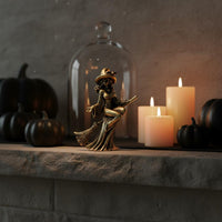 Handmade Craft Witch on Broom Statue Creative Design Brass Witch Figurine for Desktop, Office, Bookshelf