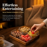 Luxury Retro Divided Serving Tray, Wood Glass Snack Tray with 4 Compartments, Gold Trim, Party Tray, Brunch Fruit Platter