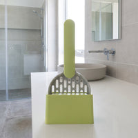 Litter Scooper with Holder Base, Grid Sieve Cleaning Tool and Dustpan for Cat Litter, Sand Sifter for Cat Waste Remover, 26.6*12.7*5.4 cm Size