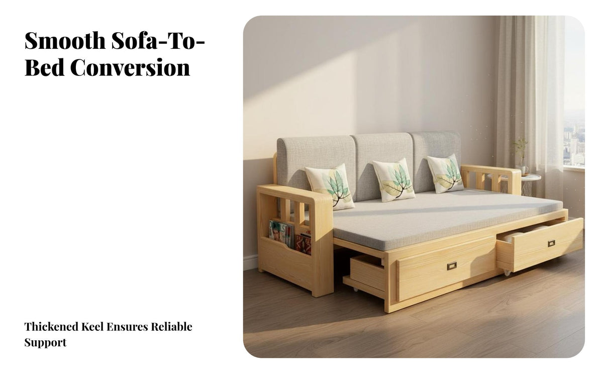 Wooden Sofa Bed with Storage Space Saving Folding Sofa Bed Versatile-Use Convertible Daybed with Drawers for Small Apartment Dwellers, Hosts, Dorm