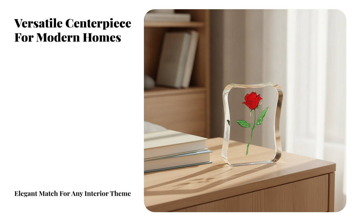Decorative Acrylic Frame with Rose | Glossy Smooth Finish, Handcrafted Irregular Edges, Acrylic Rose Block, for Living Room
