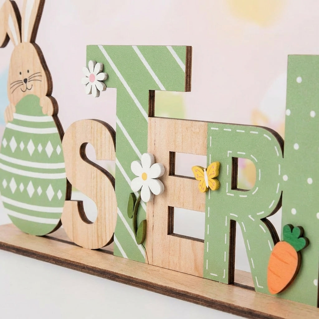 Wooden Easter Decoration Sign, Freestanding Lettering Stand with Bunny and Egg, Rustic Spring Table Centrepiece for Home, Mantelpiece, Windowsill & Seasonal Party