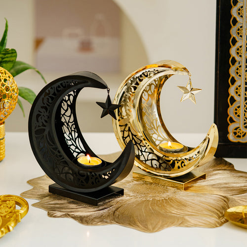 Luxury Gold and Black Carved Metal Crescent Candle Holder for Middle Eastern Festivals