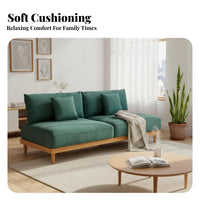 Nordic Inspired 3-Person Wooden Frame Sofabed Natural Wood details Upholstered Couch Minimalist Aesthetic transformable Settee 2-in-1 Design for Young Adults, Homeowners, Hosts, Living Room, Studio Apartment, Home Office