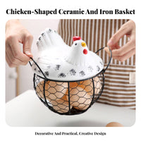Multi-Purpose Egg Basket with Ceramic Chicken Lid Large Capacity Ceramic Hen Storage Basket Space Saving for Dining Table