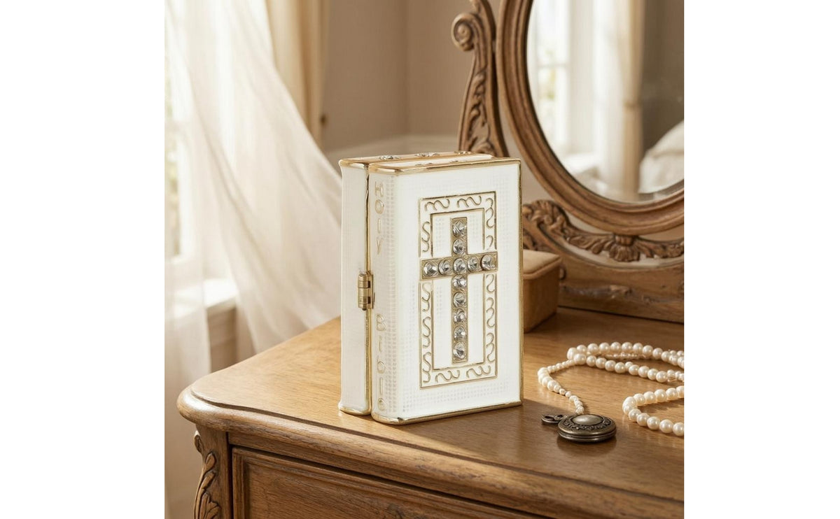 White Book-Shaped Jewelry Box Gold-Tone Trim Cross Jewelry Box Textured Cover Keepsake Case Clear Rhinestone