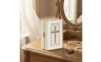 White Book-Shaped Jewelry Box Gold-Tone Trim Cross Jewelry Box Textured Cover Keepsake Case Clear Rhinestone