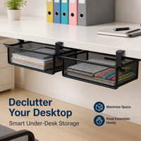 Black Carbon Steel Under Desk Cable Management, Pull Out Cable Tray, Small 18L Foldable Metal Organiser, Modern Minimalist Design