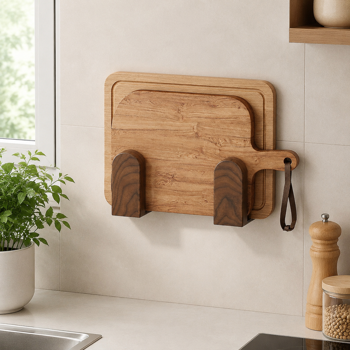 Walnut Pot Lid Rack With Drain Tray, Pan Lid Holder No Drill Lid Holder, Cupboard Lid Storage For Pots & Pans