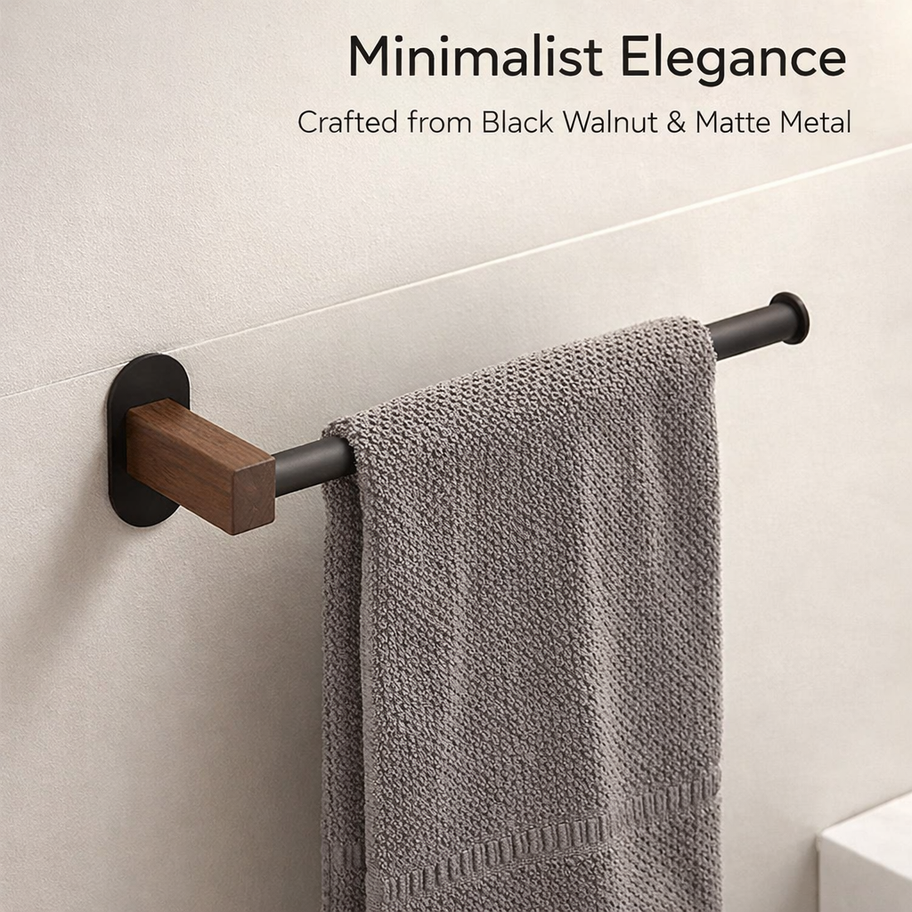 Bathroom Towel Storage and Rack Wall Mounted for Washroom, Minimalist Black Walnut Wooden with Bar for Homeowners