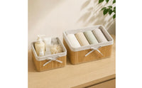 4 Pieces Natural Woven Basket with Lining Artisanal Bamboo Storage Basket Compact Desktop Organizer Rustic for Bathroom