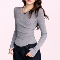 Long Sleeve T Shirts for Women with Ruched Waist Detail for Flattering Fit, Ladies Tops in Soft Polyester Material