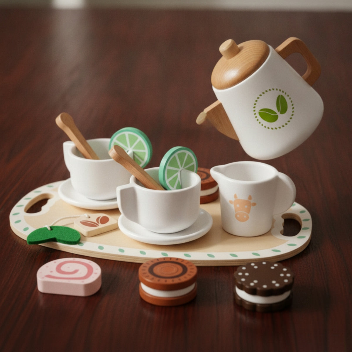 Wooden Tea Set Smooth Tea Set with Tray Realistic Pretend Play Food Kitchen Accessories for Preschoolers, Playroom