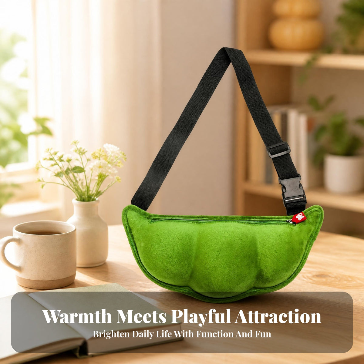 Green Pea-Pod Shoulder Bag Piped Edges Fuzzy Shoulder Bag Padded Pea Pod Purse Zippered