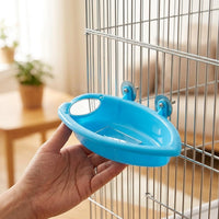 Bird Bath House for Parrots, Blue Bird Bath with Feeding Bowl, Multifunctional Water Bowl for Cage Mounting