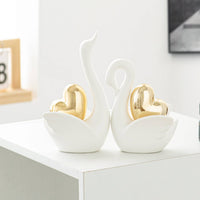 Tall and Short Set Ceramic Swan Figurine Gold Accent Ceramic Swan Decor Matte Decorative Ornament Pair for Living Room, Entryway, Wine Cabinet