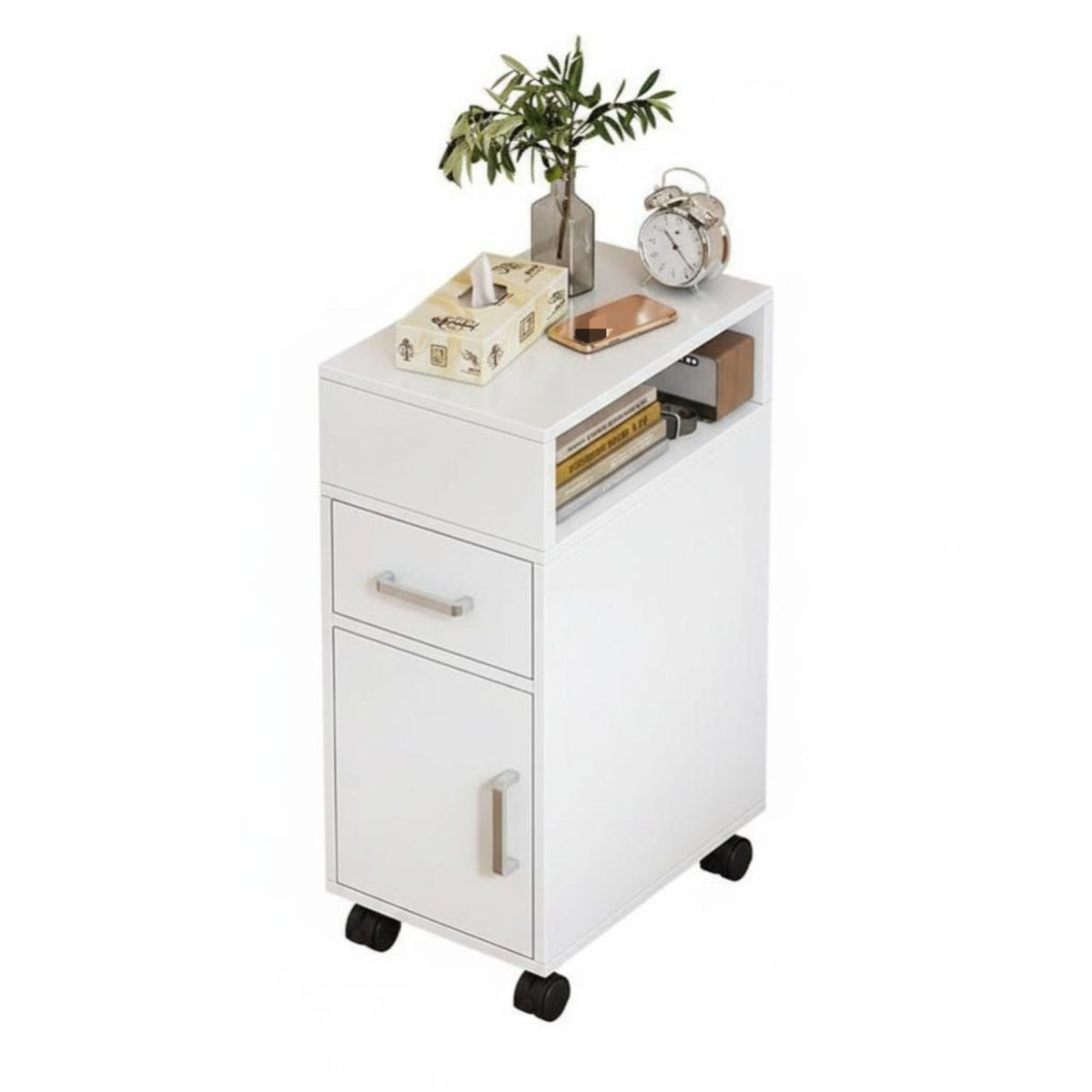 Space-Saving Narrow Bedside Cabinet Slim contour Narrow Storage Cabinet Minimalist Design Nightstand Multi-Purpose for Apartment Dwellers, Homeowners, Students, Bedroom, Small Spaces, Sofa Side, Living Room