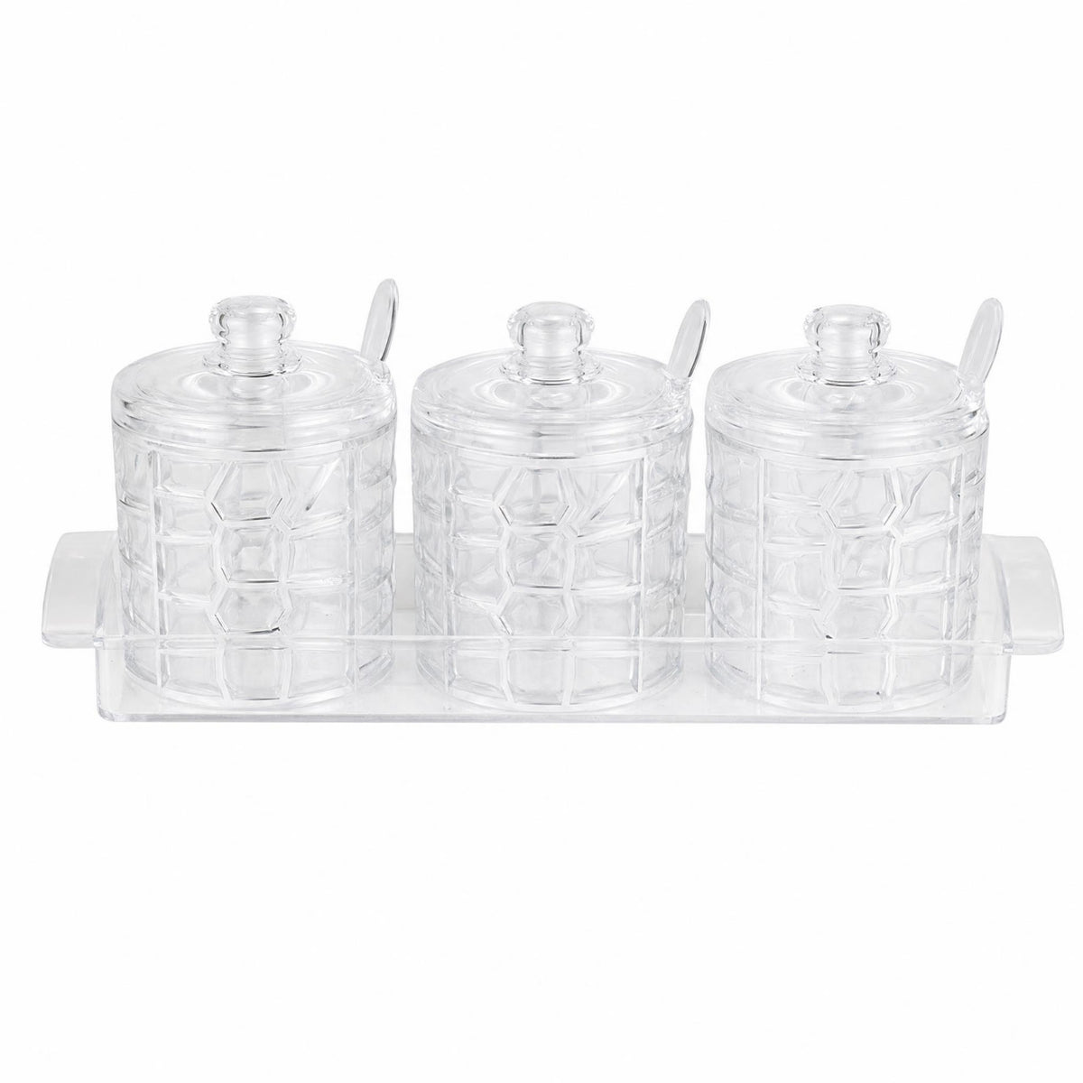 3 Pieces Acrylic Seasoning Jar with Spoon and Tray Textured Condiment Canister with Lid Transparent Seasoning Pot with Base Food-Grade for Kitchen