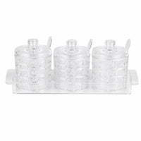 3 Pieces Acrylic Seasoning Jar with Spoon and Tray Textured Condiment Canister with Lid Transparent Seasoning Pot with Base Food-Grade for Kitchen