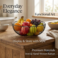 Fruit Bowl with Woven Design for Dining Table and Kitchen Storage, Metal Frame Basket for Vegetables and Snacks, Decorative Pantry
