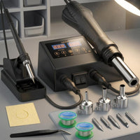 Digital Display Soldering and Hot Air Station Interchangeable Nozzles 2 in 1 Soldering Station Cleaning Sponge Workshop Equipment Space Saving Design