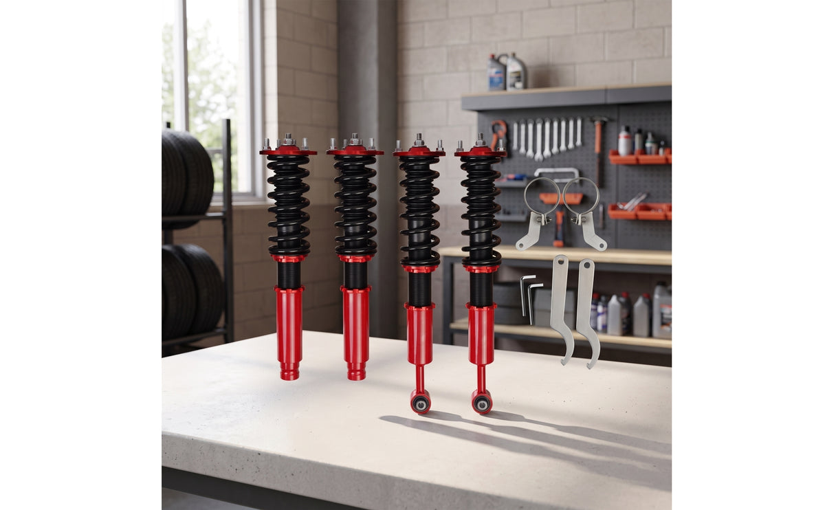 4 Pieces Heavy-Duty Coilover Chassis System Kit Steel Coilover Kit Red and Black Spring Shock Absorber Sporty for Car Enthusiasts, DIY Mechanics