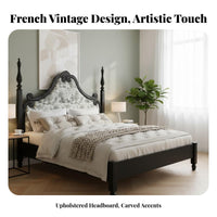 French Country Design Bed Sturdy Construction Black Carved Wood Bed No Box Spring Needed Antique Wooden Headboard for Couples, Newlyweds