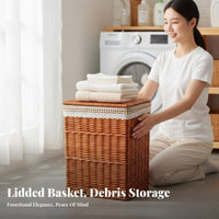 Round Wicker Bin Woven Design Laundry Hamper Multi-Purpose for Parents, Students