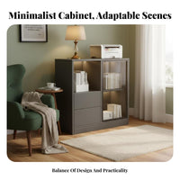 Multiple Compartments Glass Door Office Sideboard Adjustable Shelves Filing Cabinet Minimalist Aesthetic Storage Credenza Wide Top Surface for Business Owners, Homeowners, Interior Decorators, Study Room, Reception Area, Hallway, Entryway