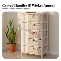 Woven Basket Drawers Tall Organizer with Baskets Country Aesthetic 5-Drawer Vertical Chest Space-Saving Design Storage Cabinet Removable Liners for Families, Homeowners, Renters, Bedroom, Living Room, Hallway, Entryway