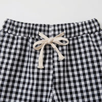 Linen Trousers Womens Wide Leg with Elastic Waistband, Cropped for in Checkered Gingham Pattern, Breathable Blend Loungewear