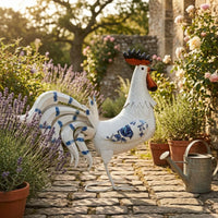 Floral Print Iron Cock Blue Accents Cock Garden Statue Decorative Chicken Yard Ornament Large for Courtyard