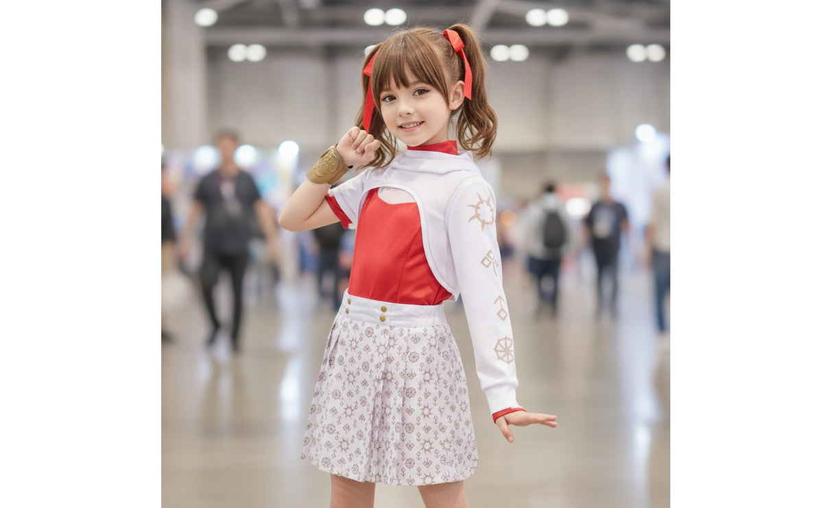 Geometric Print Cosplay Costume with Wrist Accessory Cropped Hooded Jacket and Skirt Costume Layered Clothing Wrinkle Resistant for Halloween