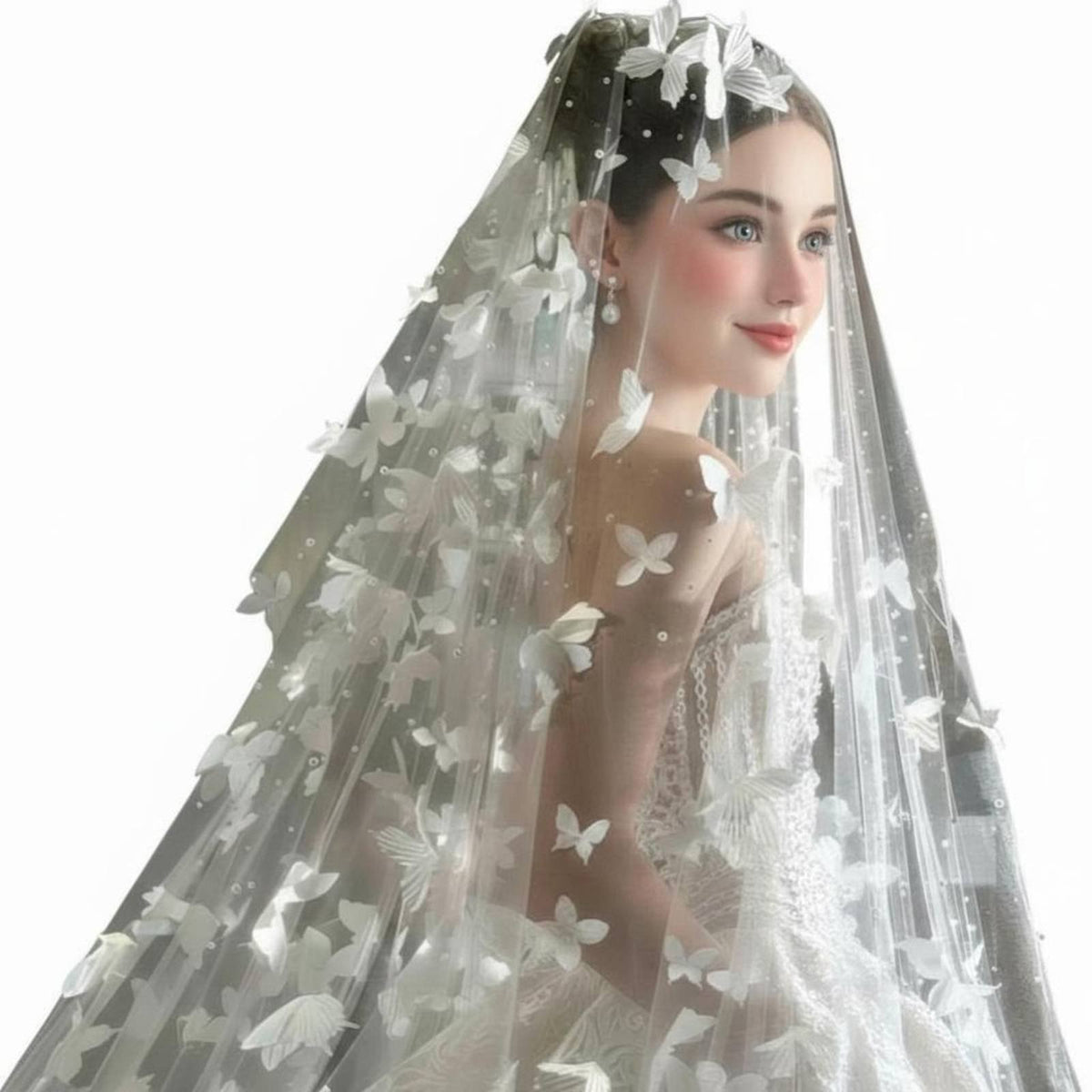 Bridal Veil, cream, 3D floral accent, nature-inspired, crystal details, luxury headpiece, trailing soft tulle, mermaid wedding