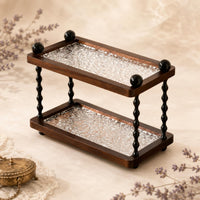 Dark Brown Two-Tier Storage Rack Textured Tabletop Tray Rack Twisted Posts Wooden Tray Organizer Clear for Desk, Vanity, Entryway